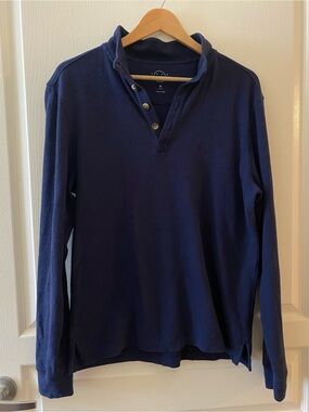 EVEN TIDE 100% Cotton Long Sleeve Mock Neck 1/4 Button Down Shirt in Navy - M